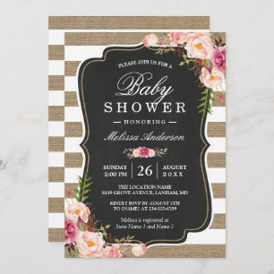 Floral Burlap Stripes Rustic Shabby Baby Shower Invitation