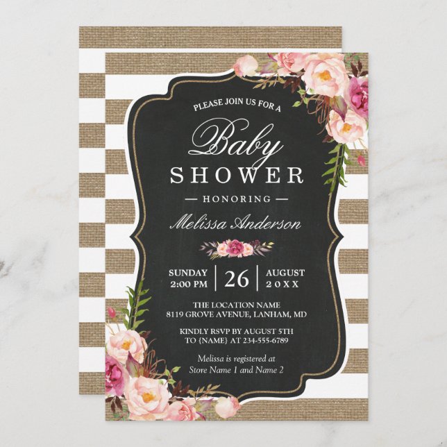 Floral Burlap Stripes Rustic Shabby Baby Shower Invitation (Front/Back)