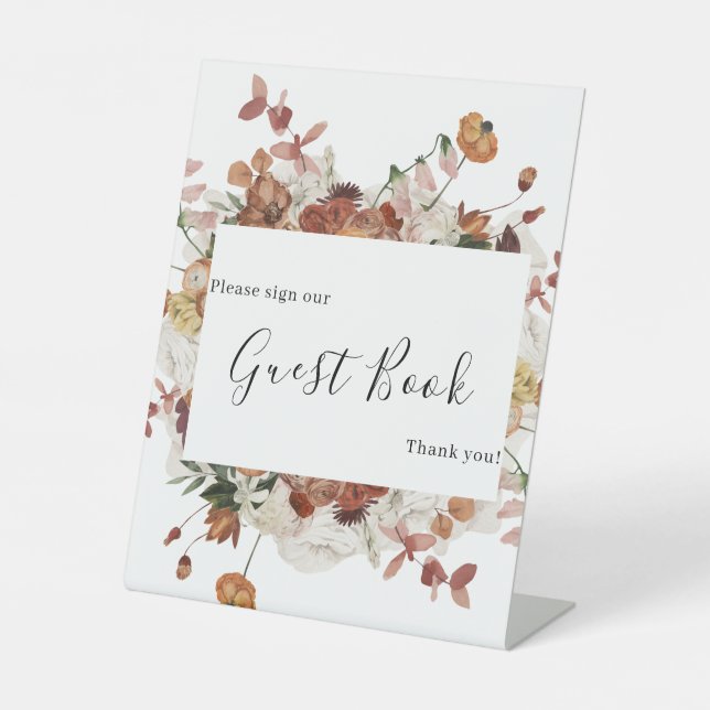 Floral Burnt Orange Burgundy Wedding Guest Book Pedestal Sign (Front)