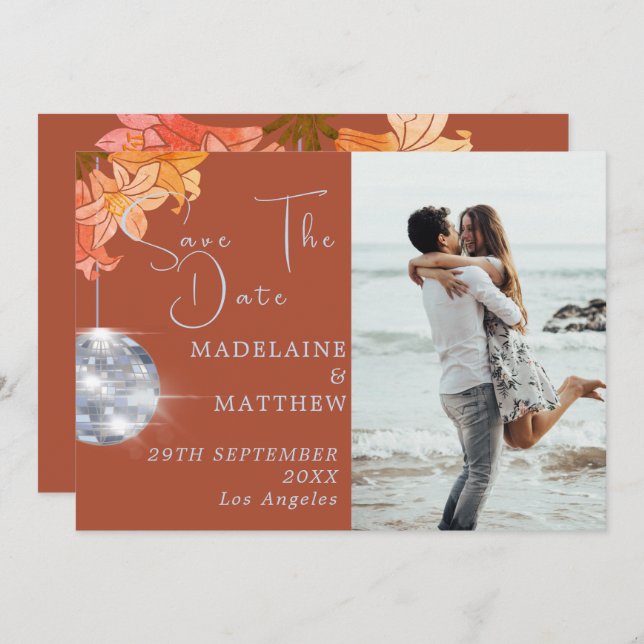 Floral Burnt Orange Disco Save The Date Wedding (Front/Back)
