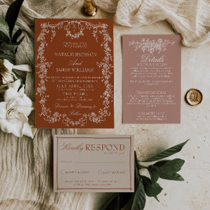 Floral Burnt Orange Monogram Terracotta Weddin Invitation