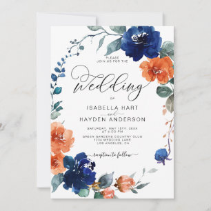 Floral Burnt Orange Navy Rust Watercolor Wedding Invitation