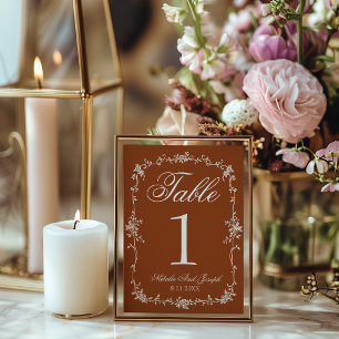 Floral Burnt Orange Old Money Wedding Table Number