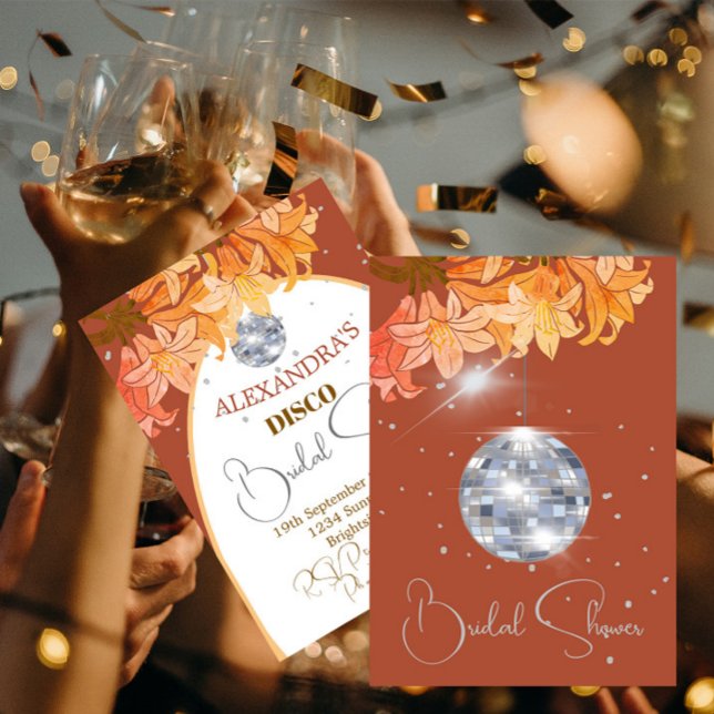 Floral Burnt Orange Silver Disco Bridal Shower Invitation (Creator Uploaded)