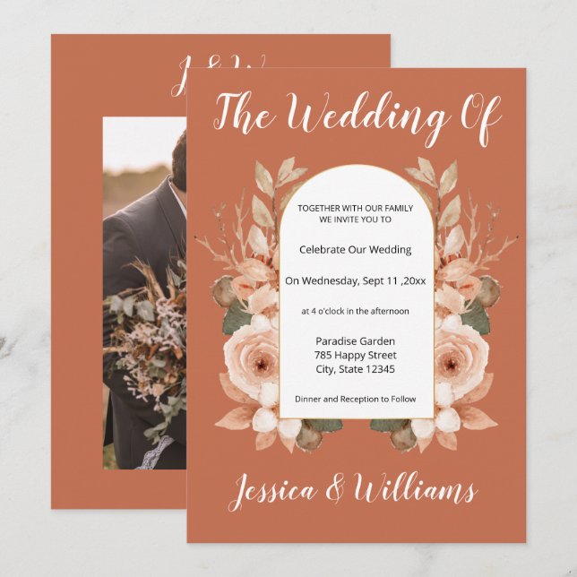 Floral Burnt Orange Terracotta Custom Photo Script Invitation (Front/Back)