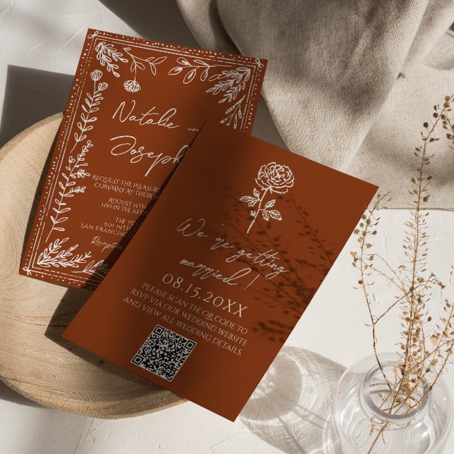 Floral Burnt Orange Terracotta QR Code Wedding Invitation (Creator Uploaded)