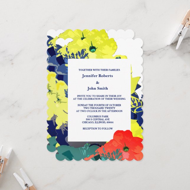 Floral Burnt Orange Yellow Navy Blue Green Wedding Invitation (Front/Back In Situ)