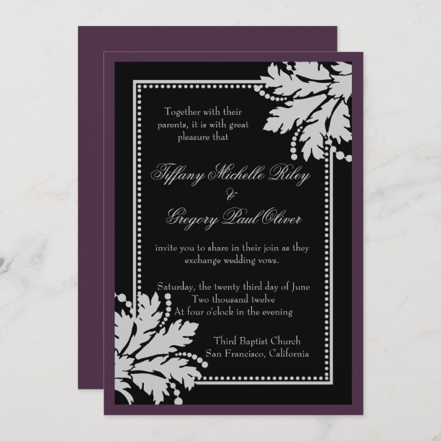 Floral Burst Wedding Invite Metallic [Eggplant] (Front/Back)