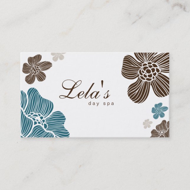 Floral Business Card Salon Spa Blue Brown Tropical (Front)