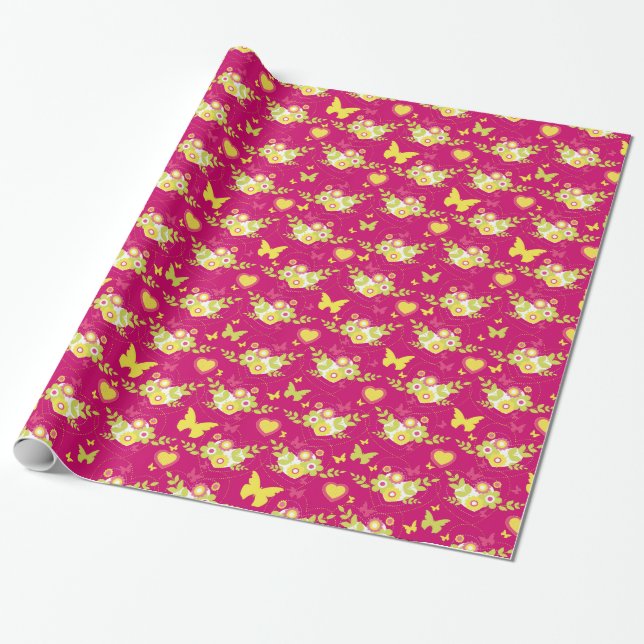 Floral butterflies and heart pink spring pattern wrapping paper (Unrolled)