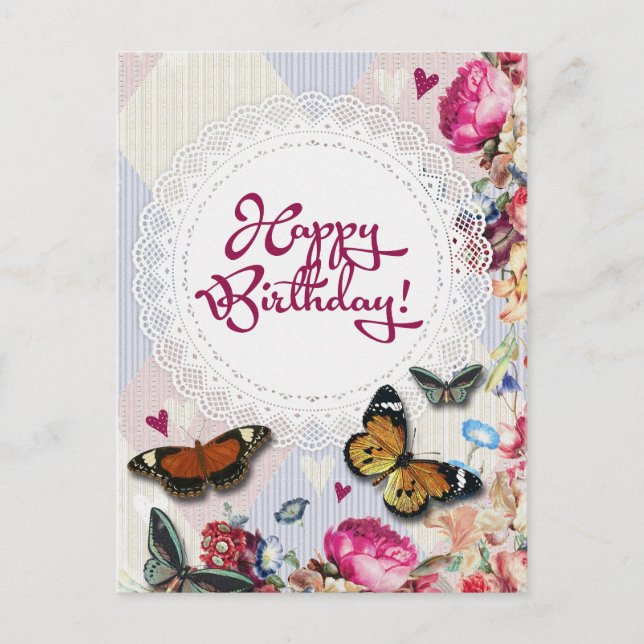 Floral butterflies birthday postcard (Front)