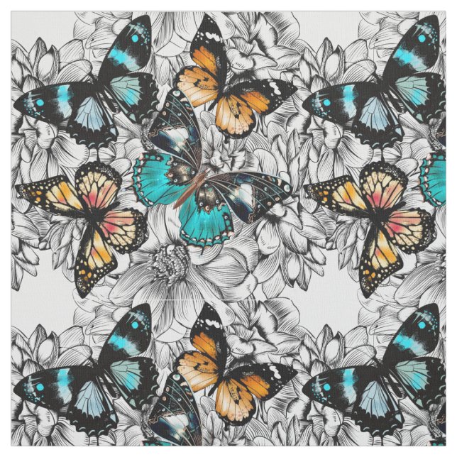 Floral Butterflies colourful sketch pattern Fabric (Swatch)