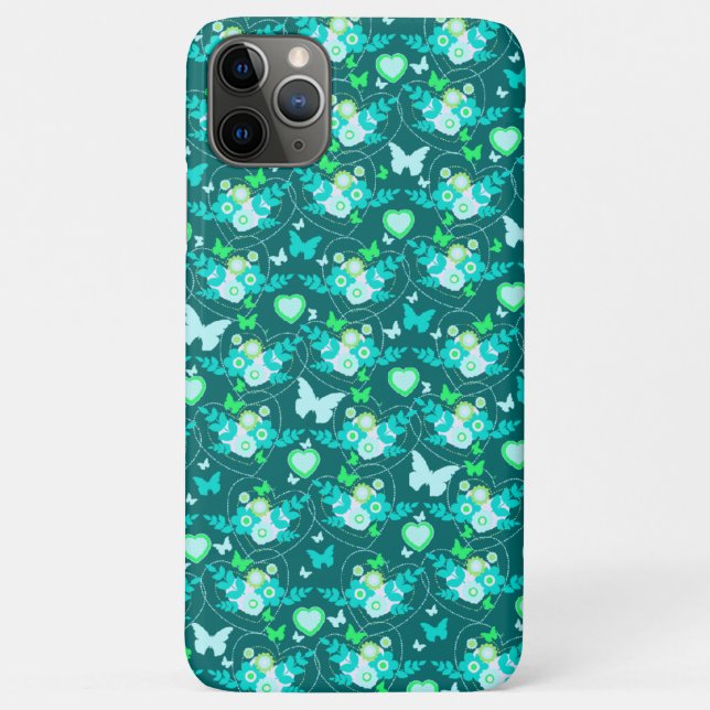 Floral butterflies & hearts jade green iphone case (Back)