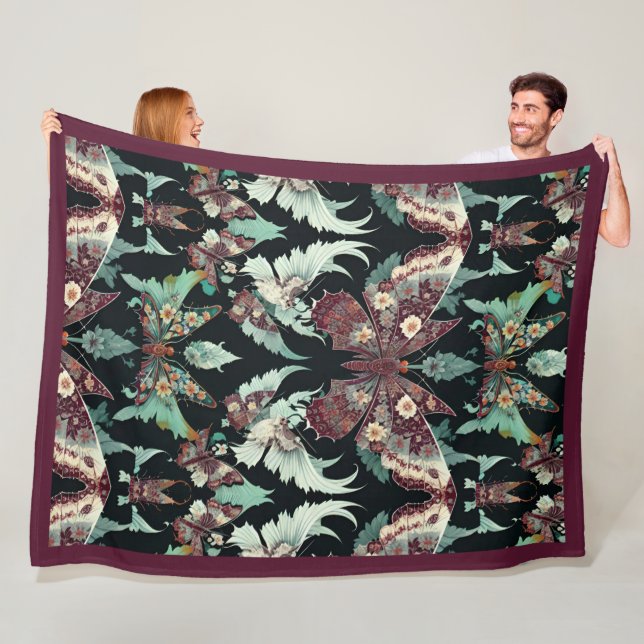 Floral Butterflies Pattern in Burgundy and Teal Fleece Blanket (In Situ)