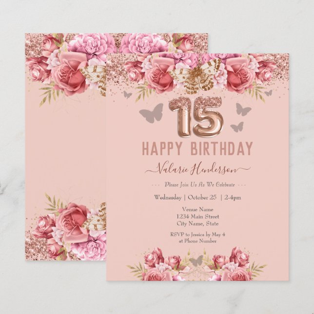 Floral Butterflies Pink Happy 15th Birthday (Front/Back)