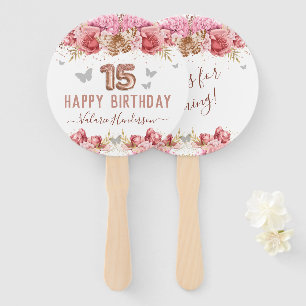 Floral Butterflies Pink Happy 15th Birthday Hand F Fan
