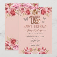 Floral Butterflies Pink Happy 15th Birthday Invita