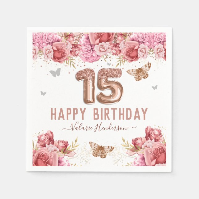 Floral Butterflies Pink Happy 15th Birthday Napkin (Front)