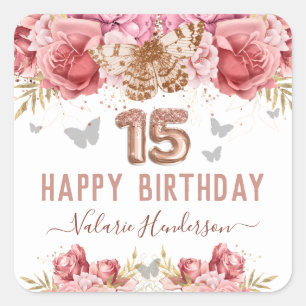 Floral Butterflies Pink Happy 15th Birthday  Squar Square Sticker
