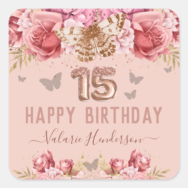 Floral Butterflies Pink Happy 15th Birthday  Square Sticker (Front)
