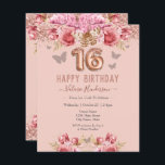 Floral Butterflies Pink Happy 16th Birthday<br><div class="desc">Girly glitter,  millennial pink background,  with fancy script name typography. Faux rose gold 16 balloon text. Pink Roses and butterfly top border. Great for sweet 16 celebrations.</div>