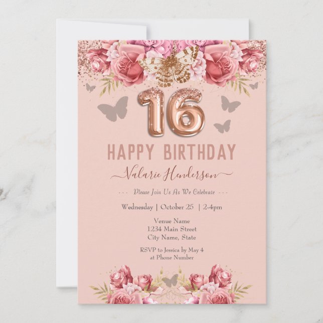 Floral Butterflies Pink Happy 16th Birthday (Front)