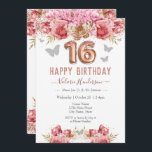 Floral Butterflies Pink Happy 16th Birthday<br><div class="desc">Girly glitter,  millennial pink background,  with fancy script name typography. Faux rose gold 16 balloon text. Pink Roses and butterfly top border. Great for sweet 16 celebrations.</div>