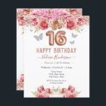 Floral Butterflies Pink Happy 16th Birthday<br><div class="desc">Girly glitter with fancy script name typography. Faux rose gold 16 balloon text. Pink Roses and butterfly top border. Great for sweet 16 celebrations.</div>