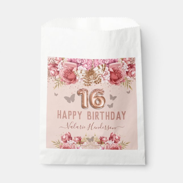 Floral Butterflies Pink Happy 16th Birthday Favour Bag (Front)