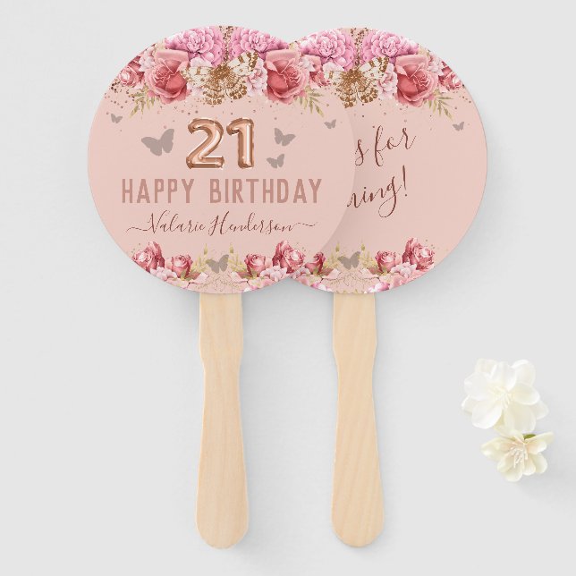 Floral Butterflies Pink Happy 21st Birthday Hand Fan (Front and Back)