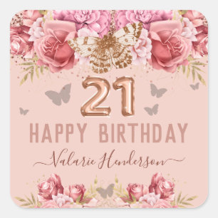 Floral Butterflies Pink Happy 21st Birthday Square Sticker