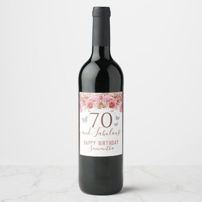 Floral Butterflies Pink Happy 70th Birthday Wine Label (Front)