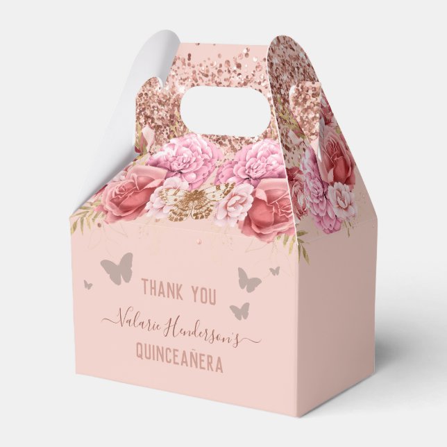 Floral Butterflies Pink Quinceañera Favour Box (Front Side)
