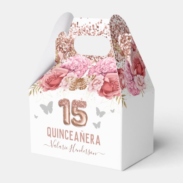 Floral Butterflies Pink Quinceañera Favour Box (Front Side)