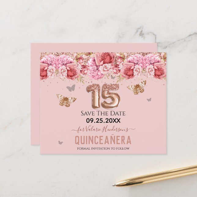 Floral Butterflies Pink Quinceañera Save the Date (Front/Back In Situ)