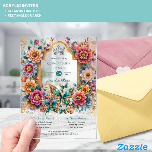 Floral Butterflies QUINCEANERA Tiara Gold Silver Acrylic Invitations