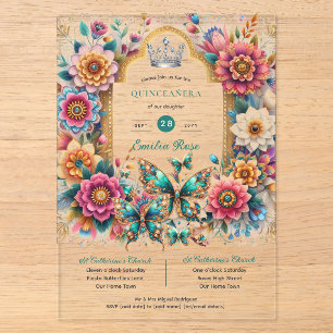 Floral Butterflies QUINCEANERA Tiara Gold Silver Acrylic Invitations