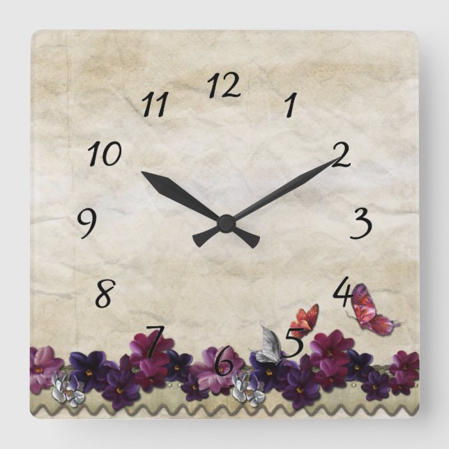 Floral butterflies square wall clock (Front)