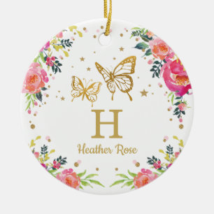 Floral Butterfly 1st First Christmas Photo Ceramic Ornament