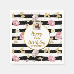 Floral Butterfly Any Age Custom Photo Birthday Napkin