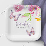 Floral Butterfly Baby Shower Disposable Paper Plate<br><div class="desc">Celebrate the upcoming arrival with our Purple Butterfly Baby Shower Theme paper plates, part of the enchanting Butterflies and Lullabies collection. Each plate is beautifully adorned with a border of watercolor flowers and butterflies, enhancing the festive atmosphere. Personalise them with the mum-to-be’s name in vibrant pink typography using our easy...</div>