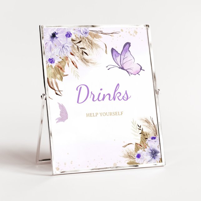 Floral Butterfly Baby Shower Drinks Sign (Purple Butterfly Baby Shower Drinks Sign)