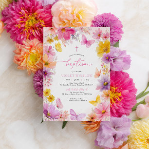 Floral Butterfly Baptism Christening Girl Bright Invitation
