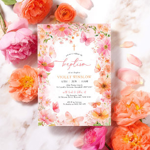Floral Butterfly Baptism Pink Orange Girl Invitation