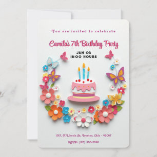 Floral Butterfly Birthday Cake Papercraft Design Invitation