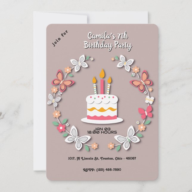 Floral Butterfly Birthday Cake Papercraft Soft BG Invitation (Front)