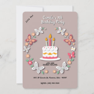 Floral Butterfly Birthday Cake Papercraft Soft BG Invitation