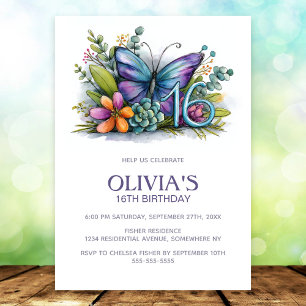 Floral Butterfly Blue Purple 16th Birthday Party Invitation