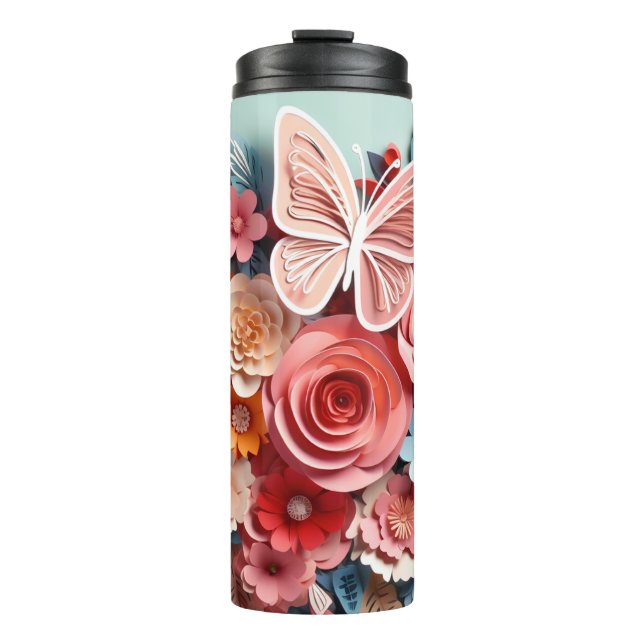 Floral & Butterfly - Blue - Slim Thermal Tumbler (Front)