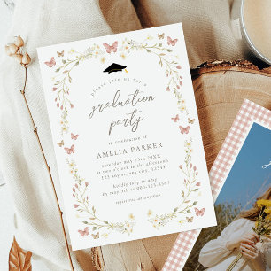Floral Butterfly Blush Pink Photo Graduation Invitation